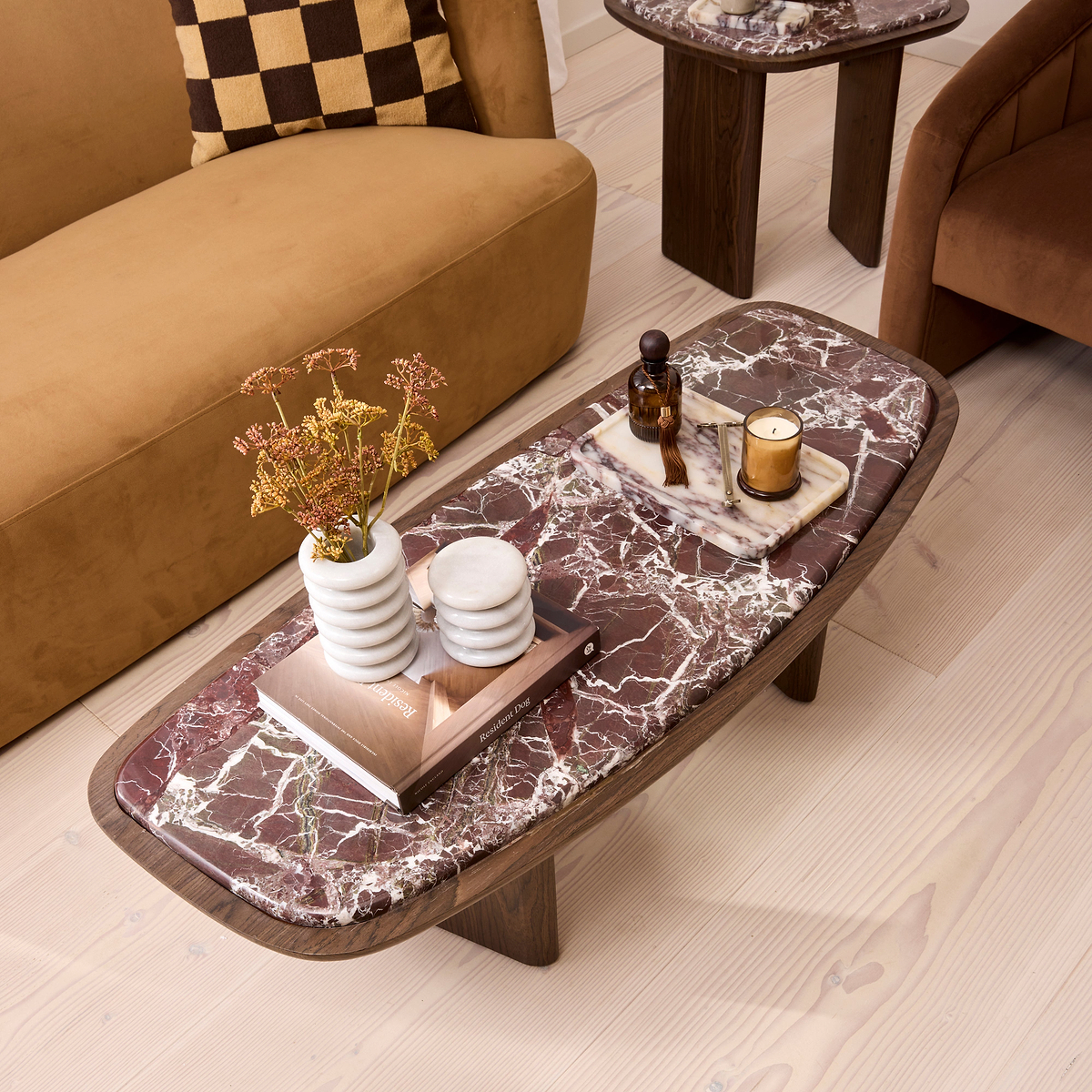 Belmont - Red Marble Irregular Dark Wood Extra Large Coffee Table