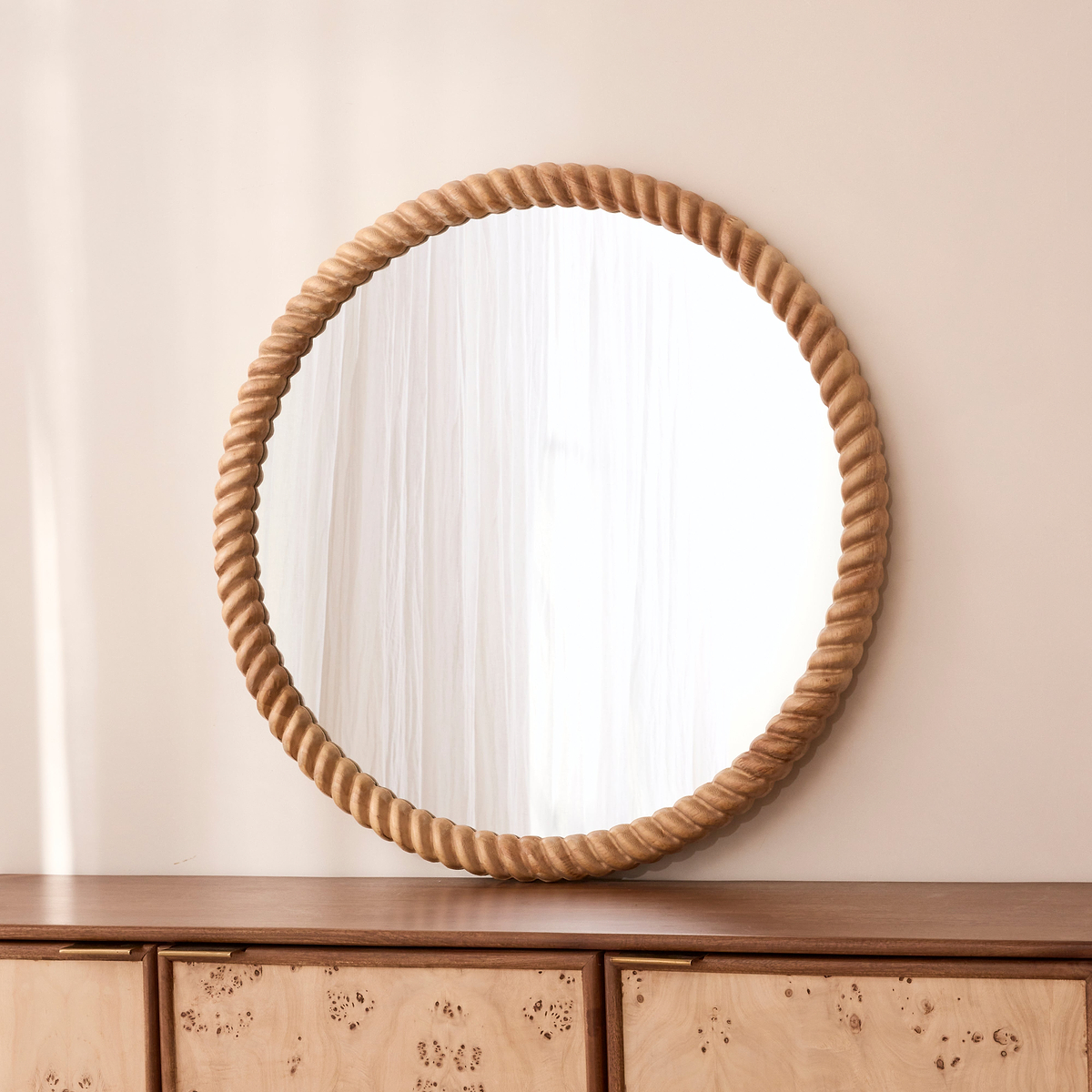 Cordelia - Light Wood Rope Twist Round Wall Mirror 80cm x 80cm