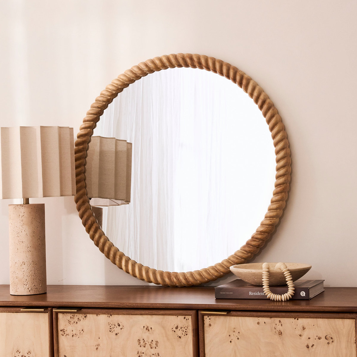 Cordelia - Light Wood Rope Twist Round Wall Mirror 80cm x 80cm