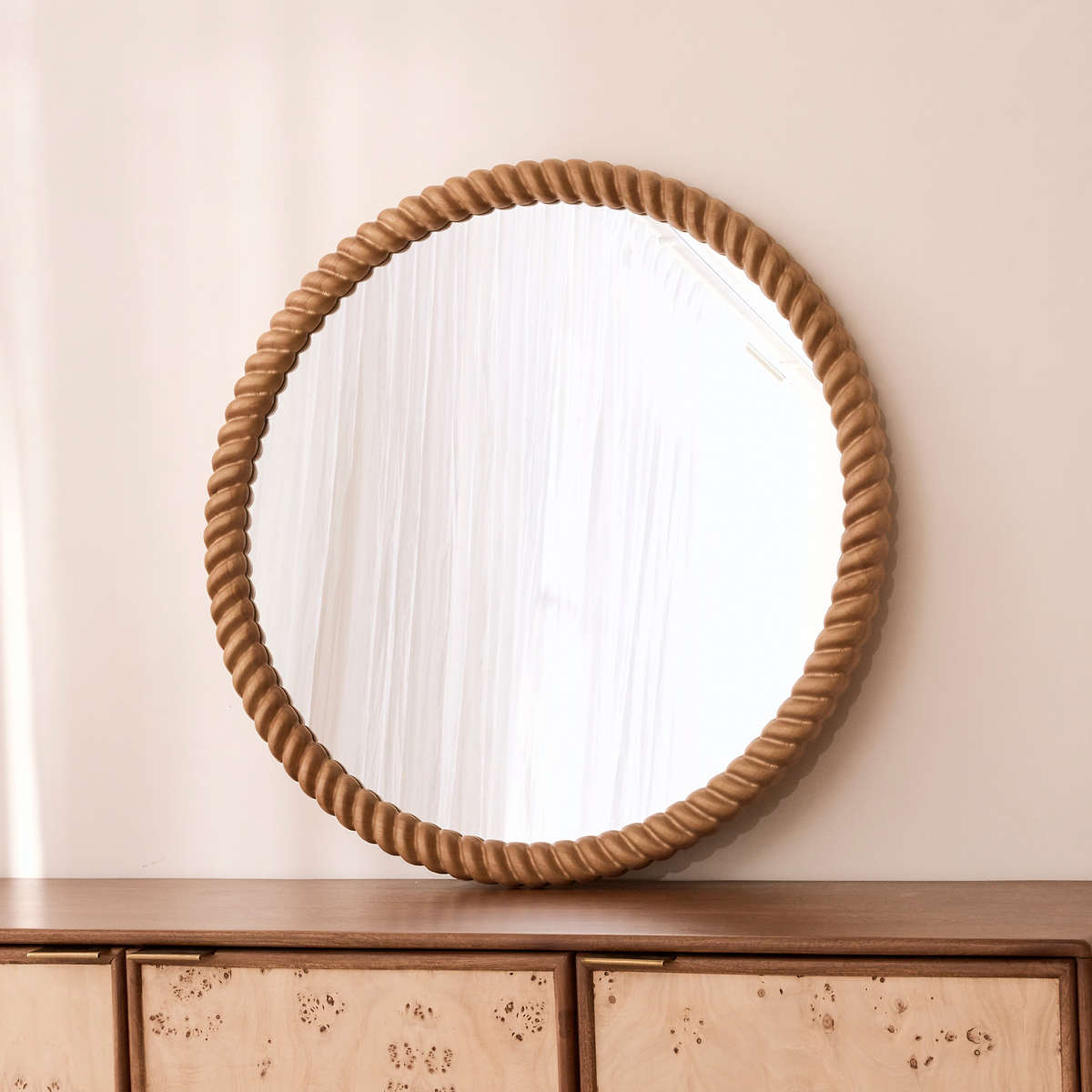 Cordelia - Warm Wood Rope Twist Round Wall Mirror 80cm x 80cm