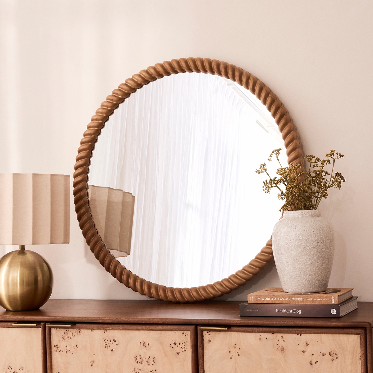 Cordelia - Warm Wood Rope Twist Round Wall Mirror 80cm x 80cm