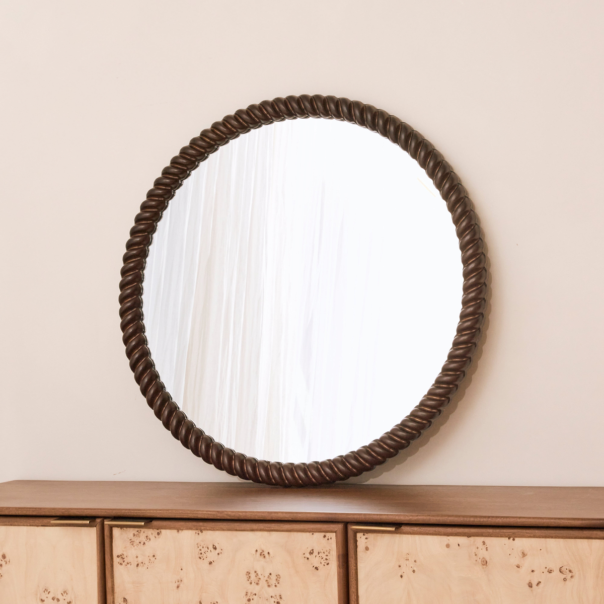 Cordelia - Dark Wood Rope Twist Round Wall Mirror 80cm x 80cm