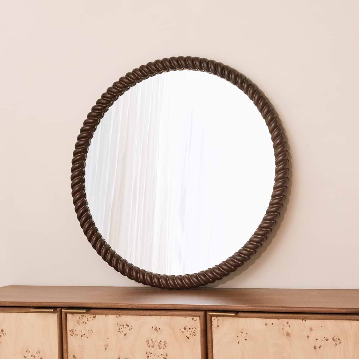 Cordelia - Dark Wood Rope Twist Round Wall Mirror 80cm x 80cm