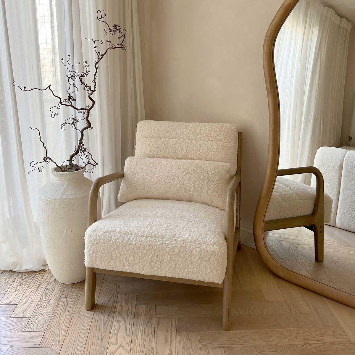 Hudson - Boucle Accent Chair Ivory & Warm Wood