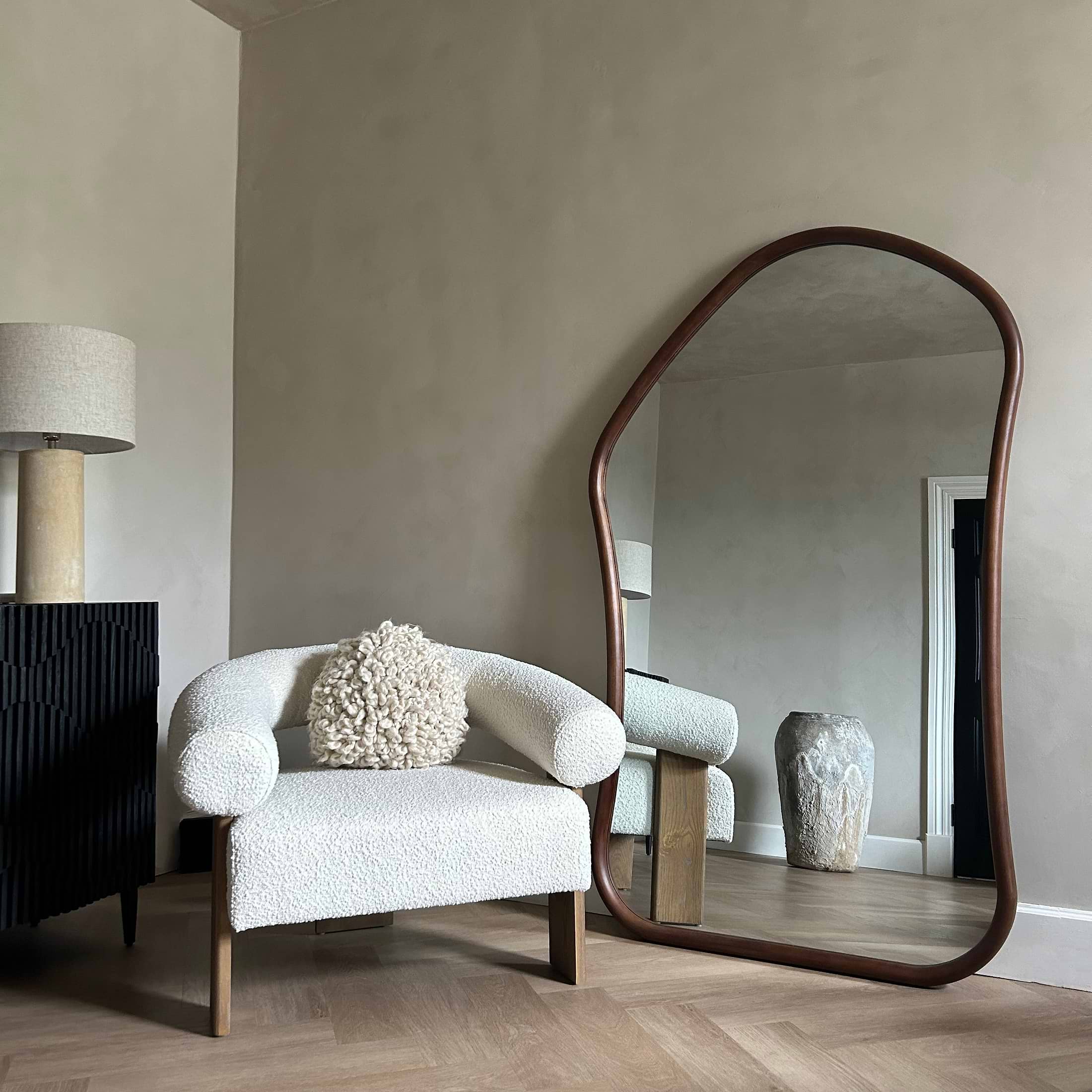 Extra Large Full Length Light Wood Irregular Mirror beside chair