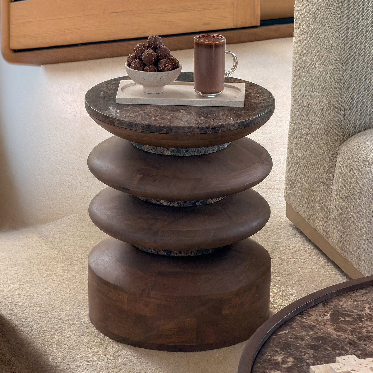 Orinthia - Dark Emperador Marble Round Warm Wood Premium Side Table
