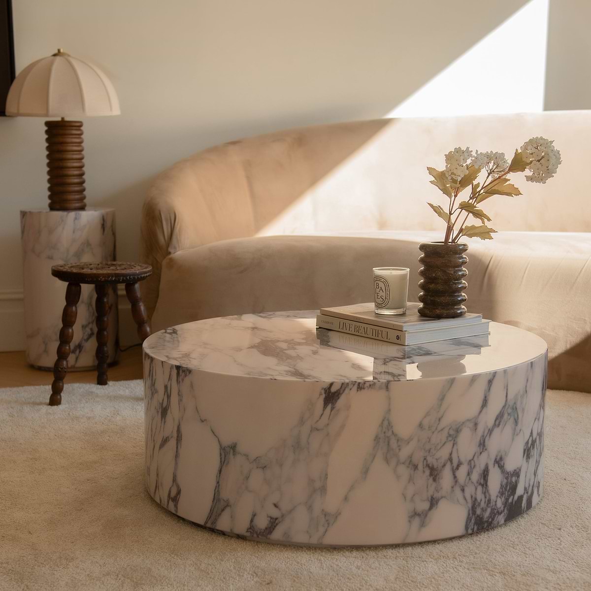 Atella - Arabescato Round Premium Solid Marble Coffee Table