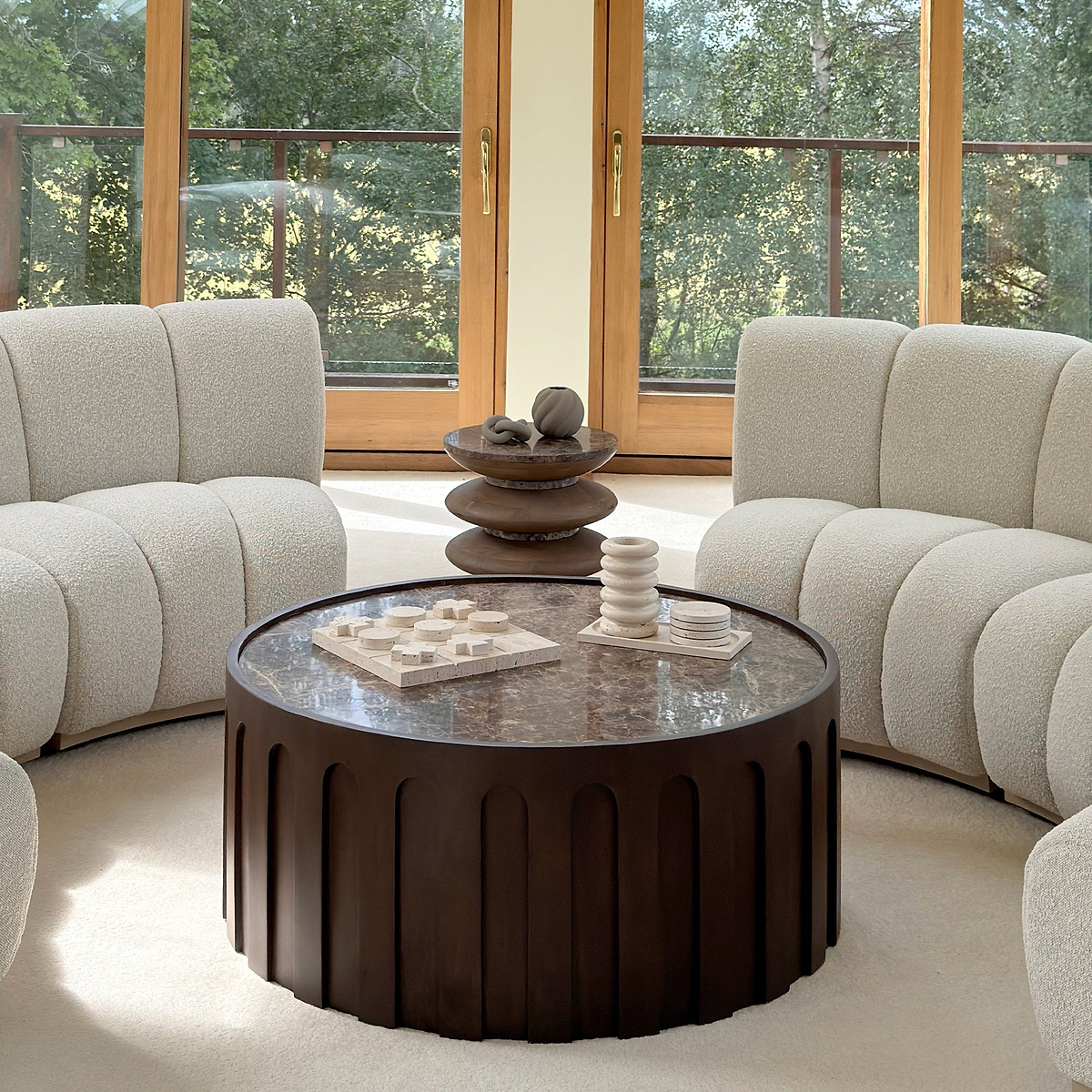Valor - Dark Emperador Marble Round Dark Wood Premium Coffee Table