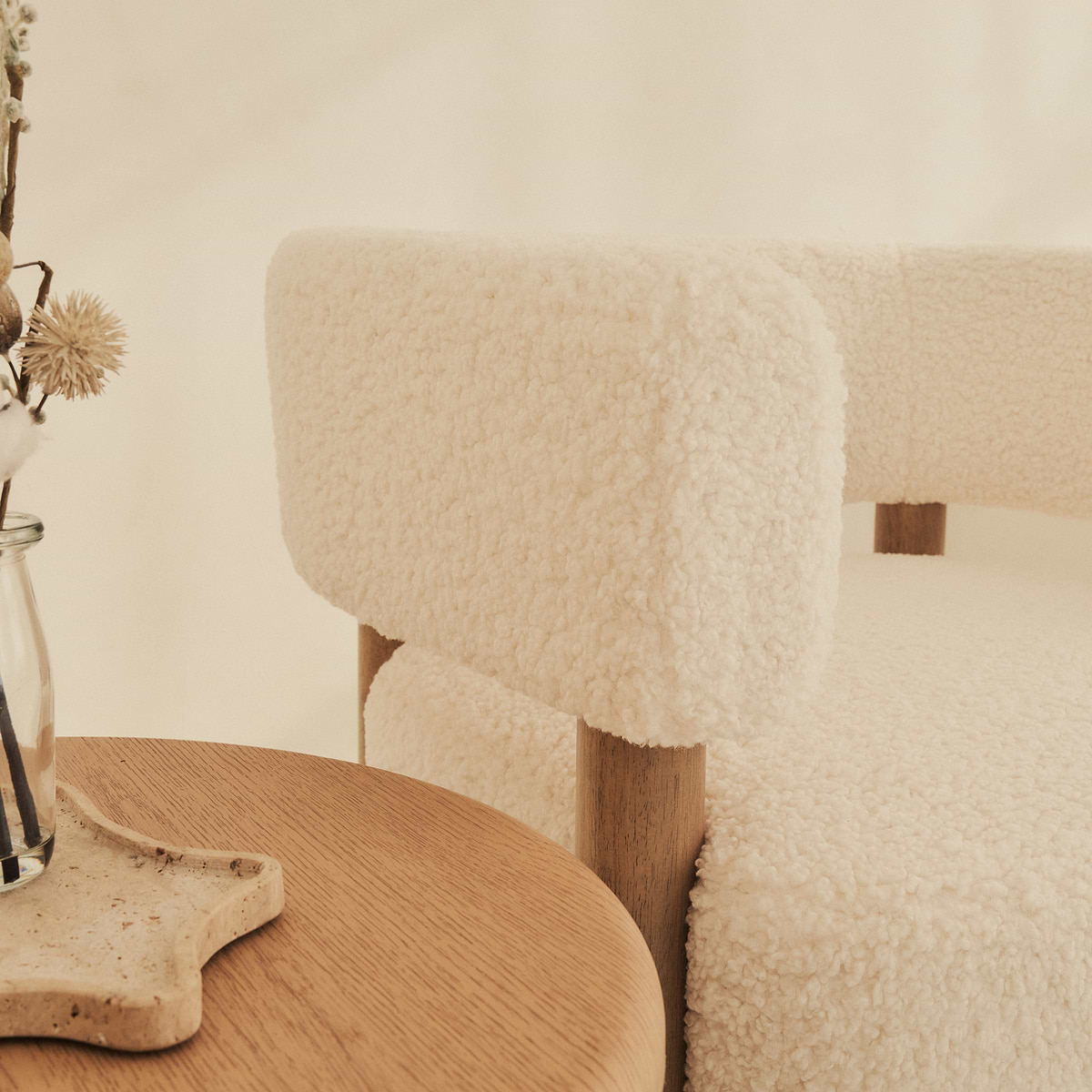 Cara - Boucle Accent Chair Ivory & Warm Wood