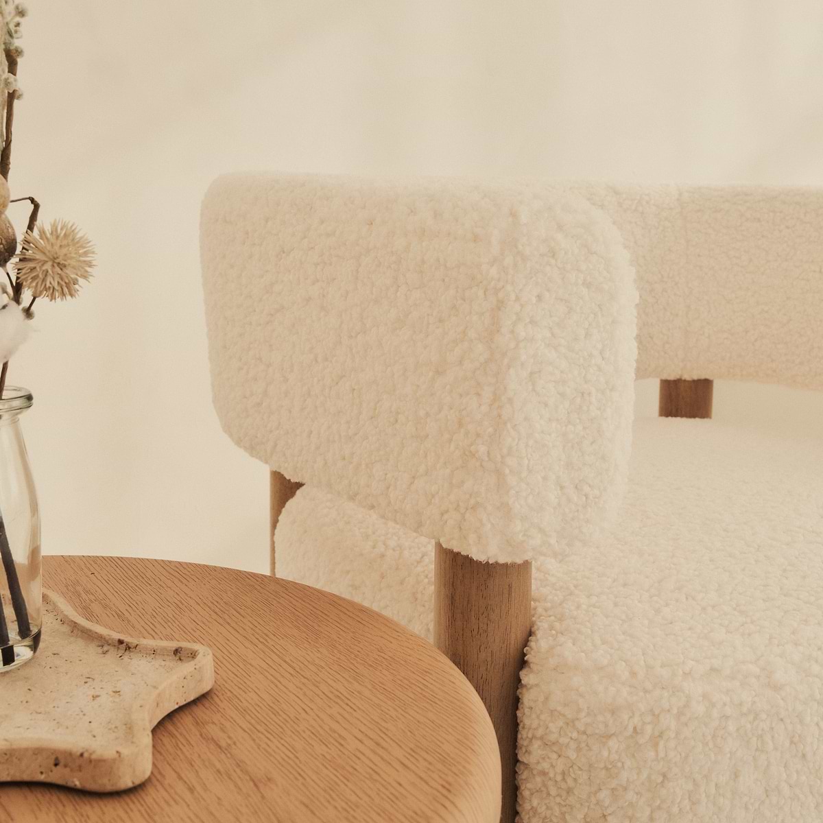Cara - Boucle Accent Chair Ivory & Warm Wood