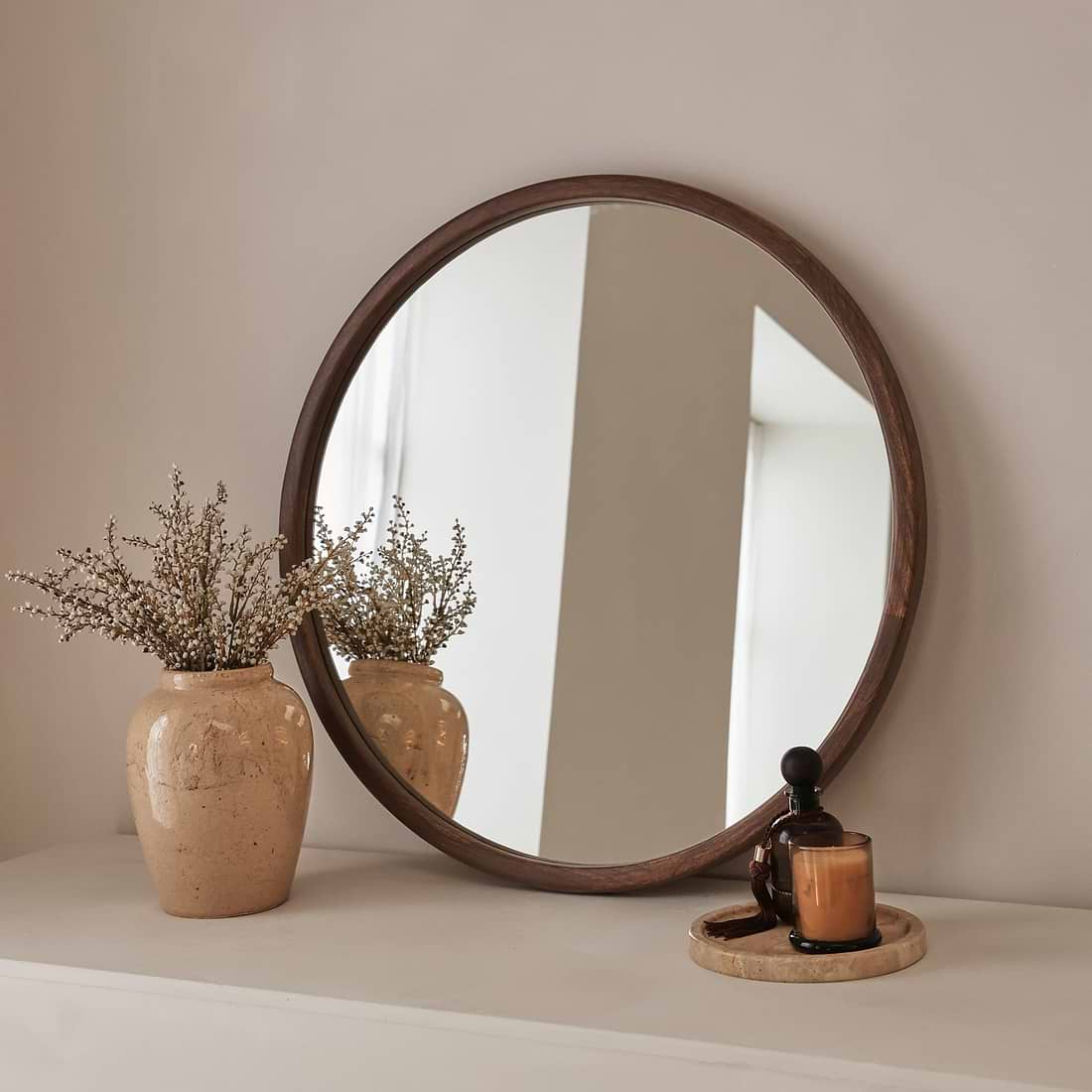 Arden Dark Round Wooden Wall Mirror 70cm x 70cm