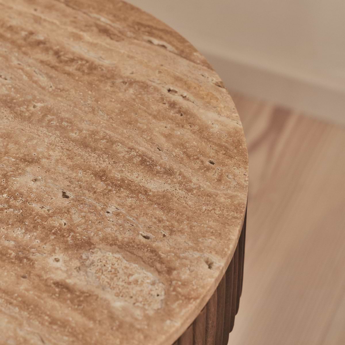 Sloane - Beige Travertine Round Warm Wood Premium Side Table