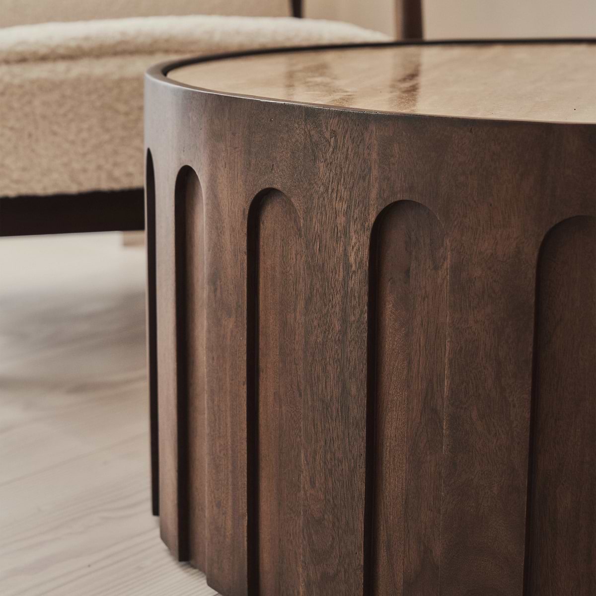 Valor - Beige Travertine Round Dark Wood Premium Coffee Table