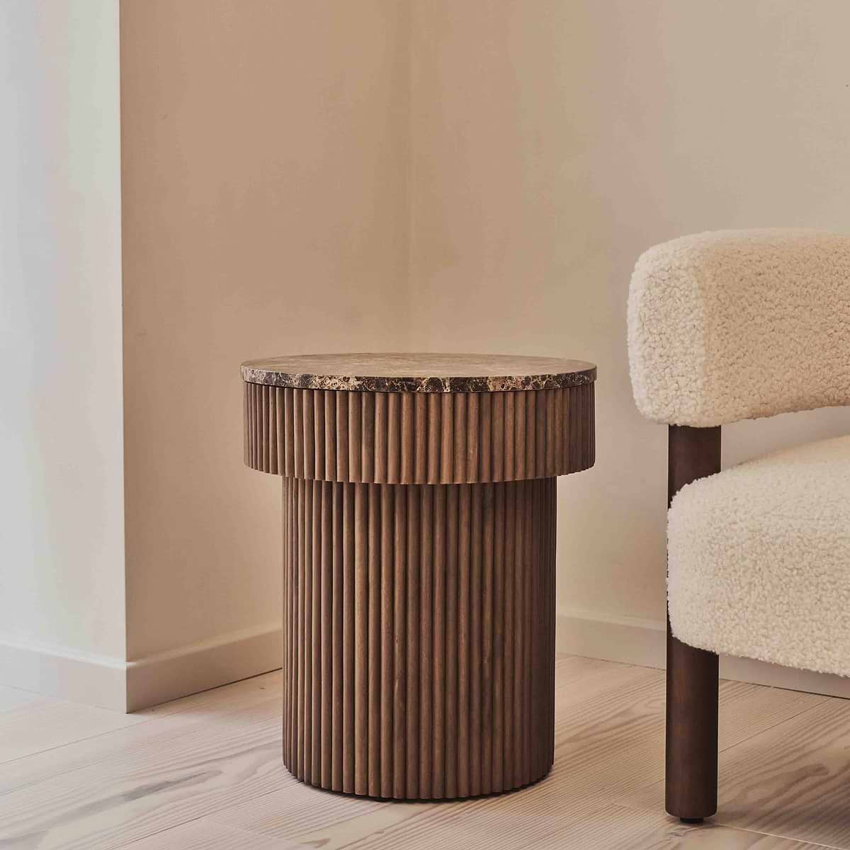 Sloane - Dark Emperador Marble Round Warm Wood Premium Side Table
