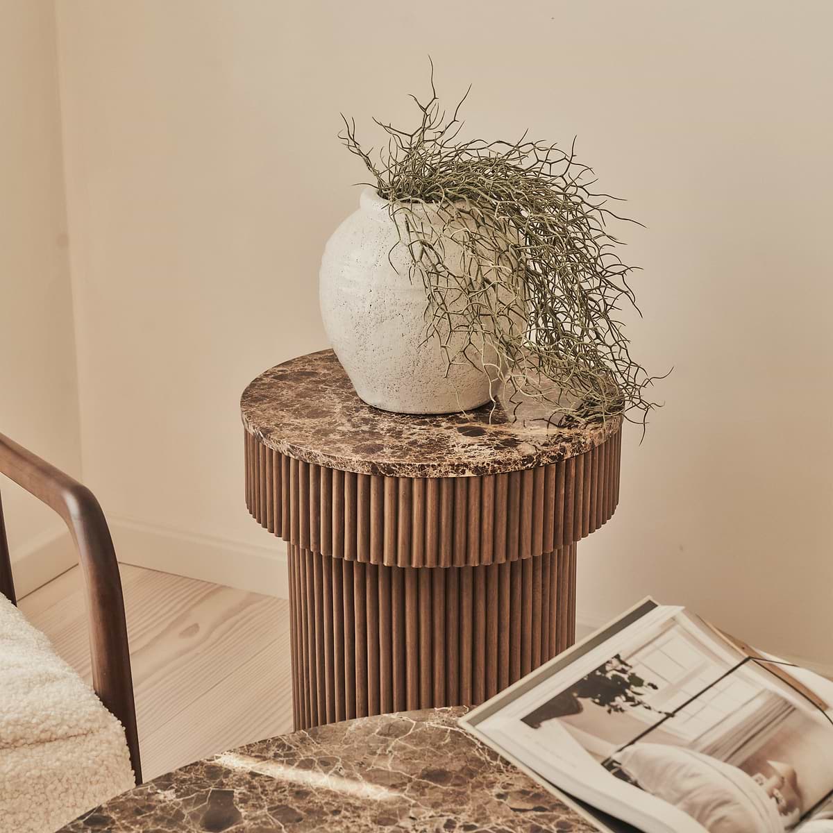 Sloane - Dark Emperador Marble Round Warm Wood Premium Side Table