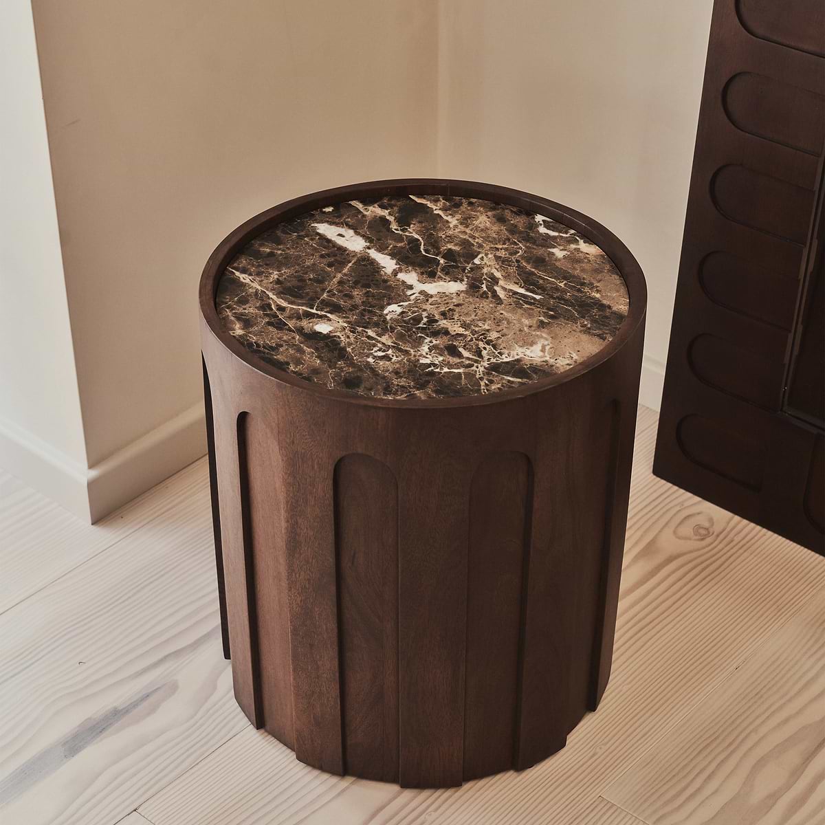 Valor - Dark Emperador Marble Round Dark Wood Premium Side Table