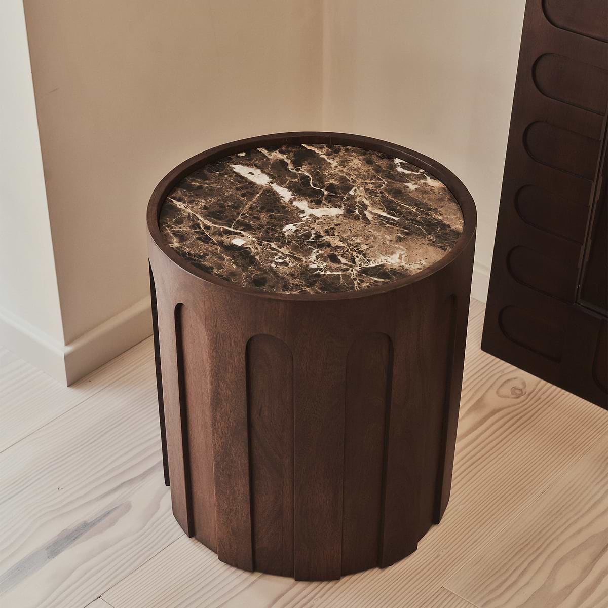 Valor - Dark Emperador Marble Round Dark Wood Premium Side Table