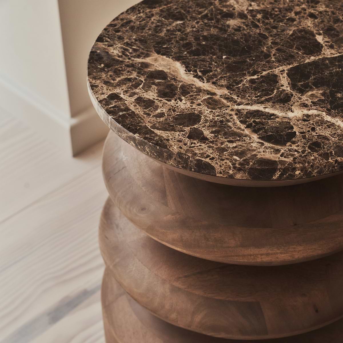 Orinthia - Dark Emperador Marble Round Dark Wood Premium Side Table