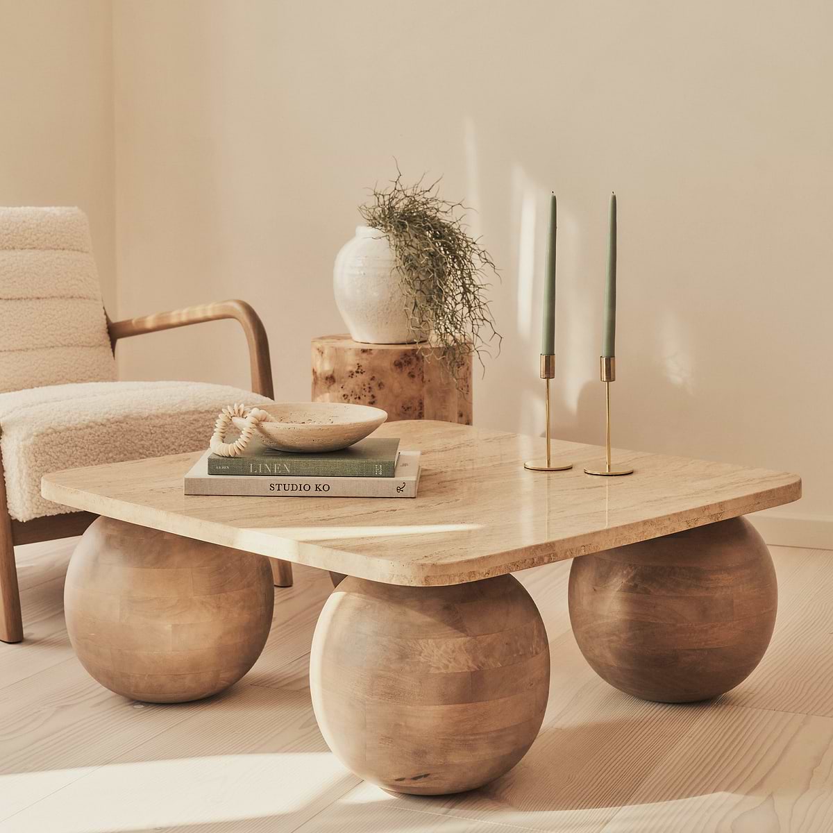 Melrose - Beige Travertine Square Warm Wood Premium Coffee Table