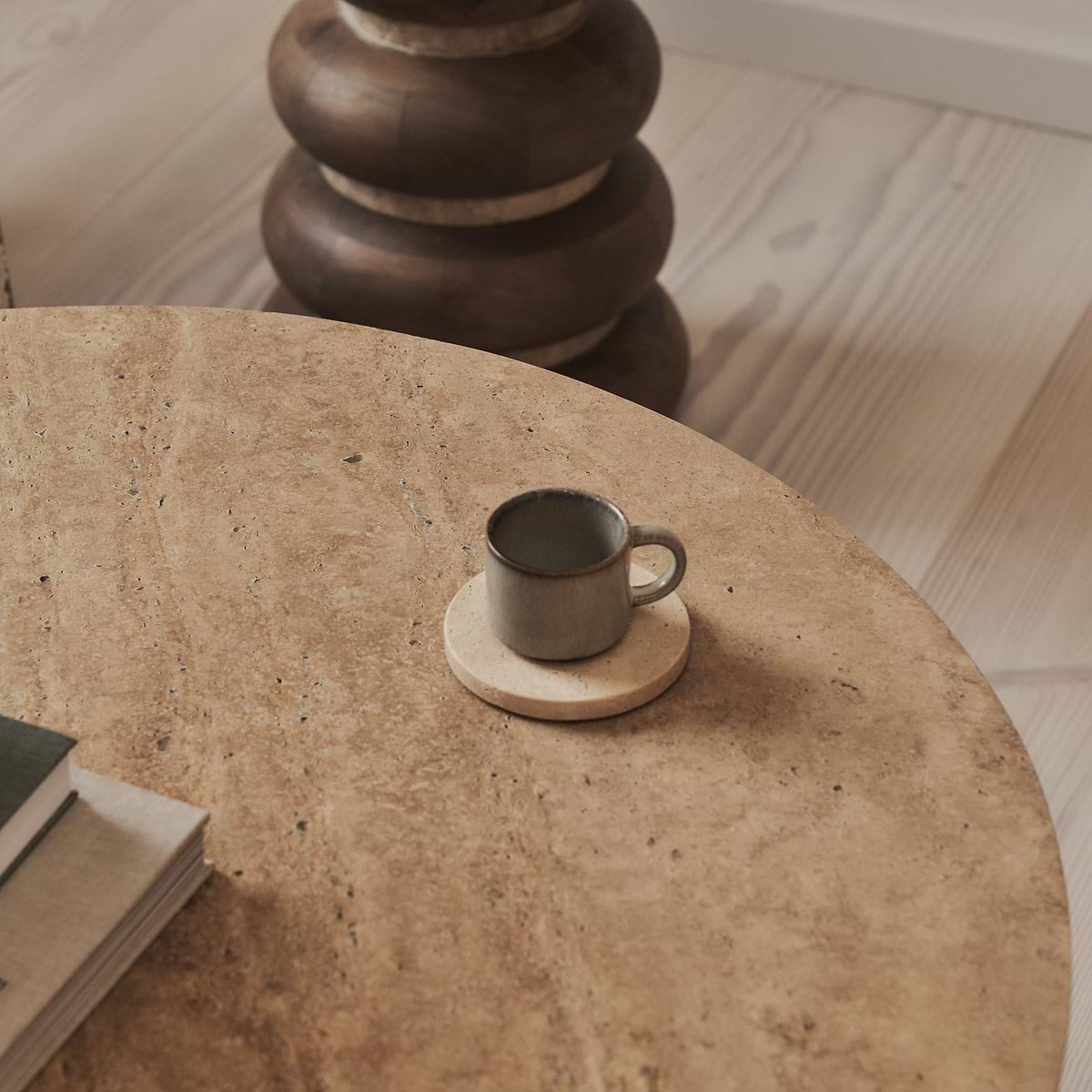 Lyra - Beige Travertine Round Warm Wood Premium Coffee Table