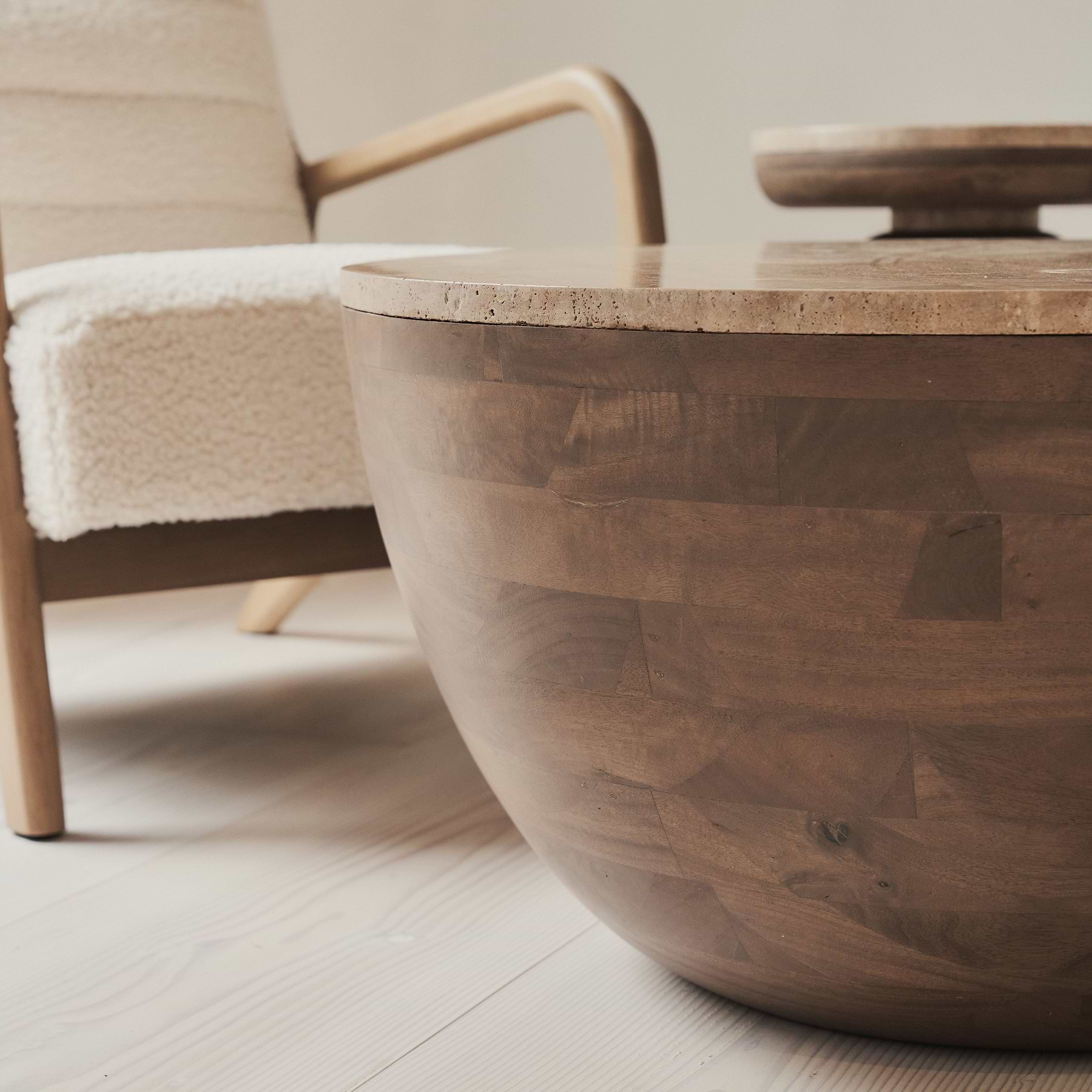 Lyra - Beige Travertine Round Warm Wood Premium Coffee Table