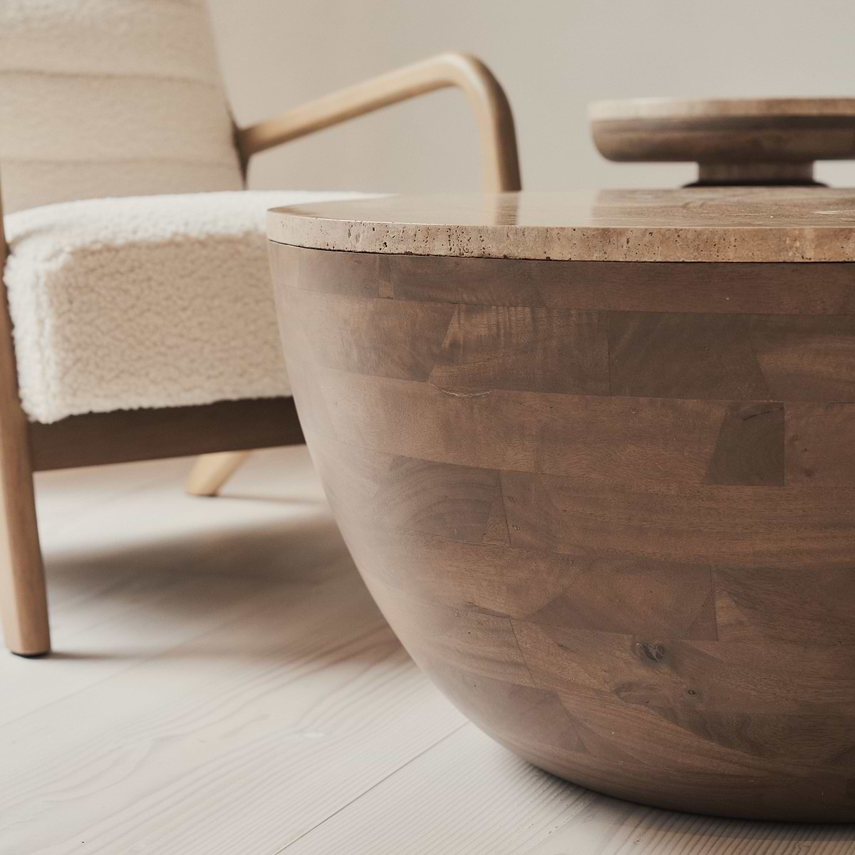 Lyra - Beige Travertine Round Warm Wood Premium Coffee Table