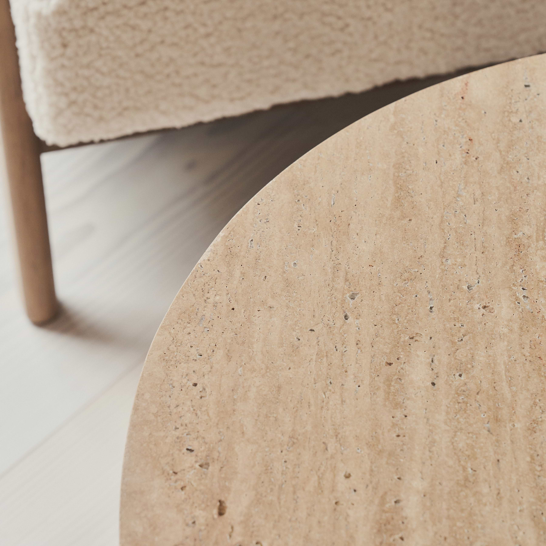 Lyra - Beige Travertine Round Warm Wood Premium Coffee Table