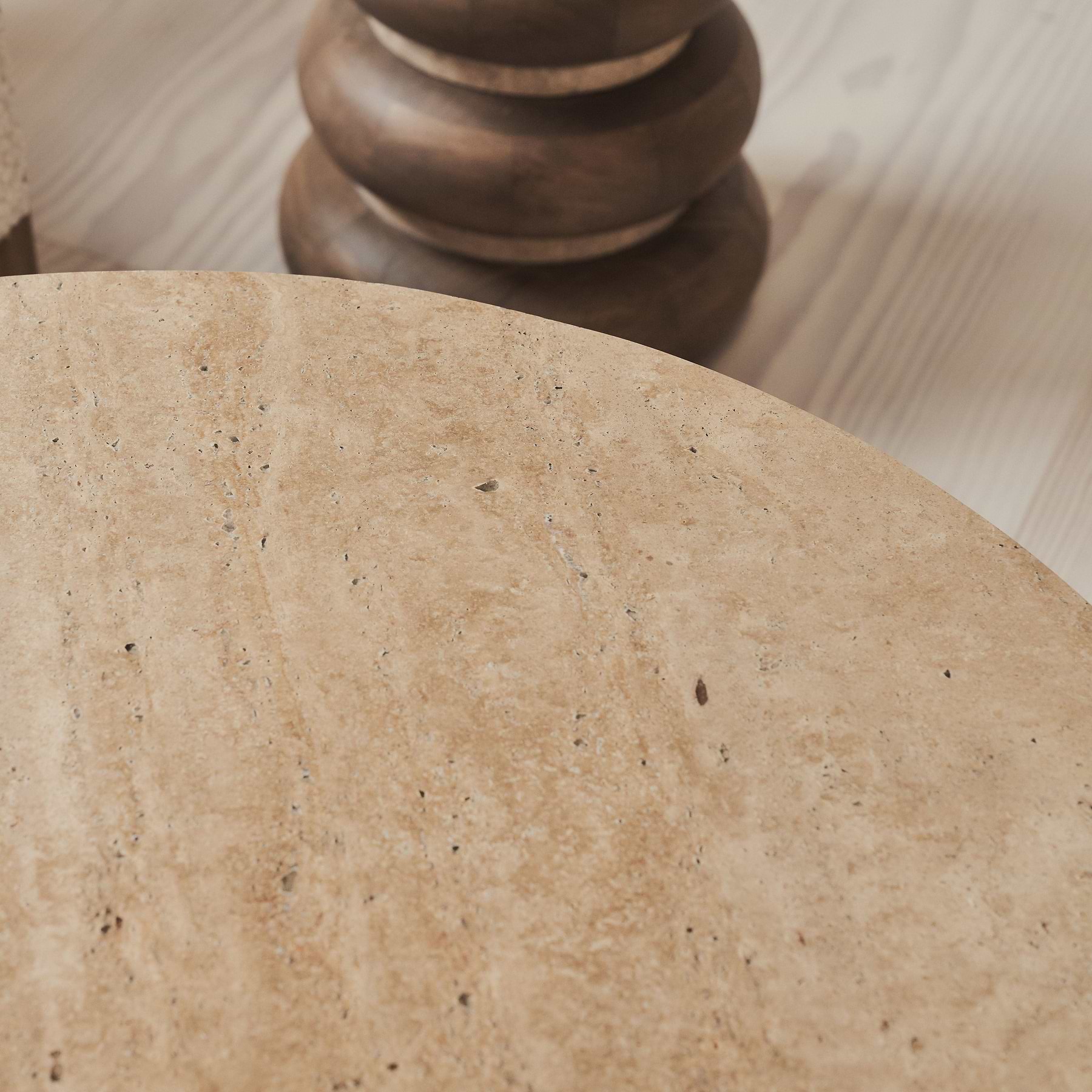 Lyra - Beige Travertine Round Warm Wood Premium Coffee Table