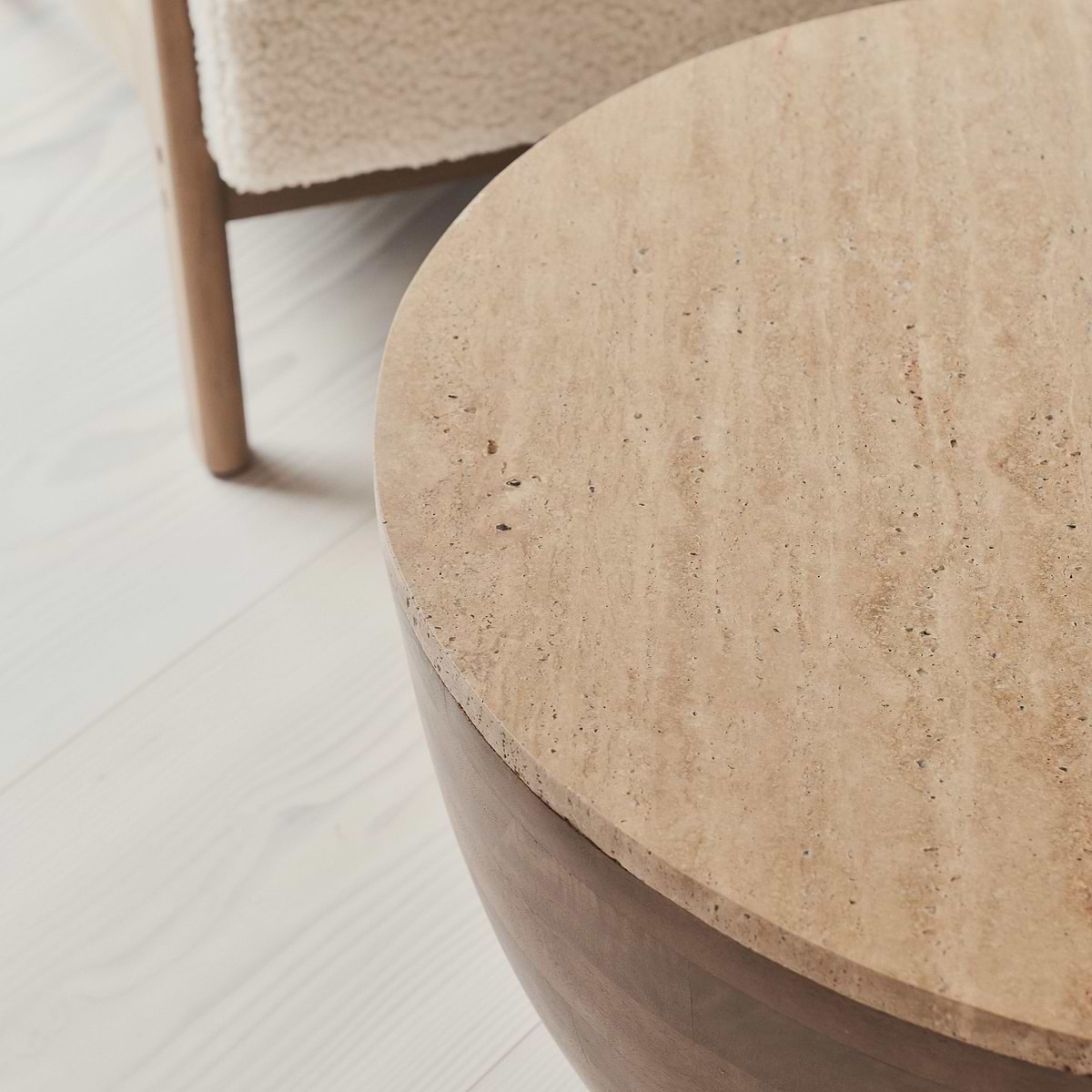 Lyra - Beige Travertine Round Warm Wood Premium Coffee Table
