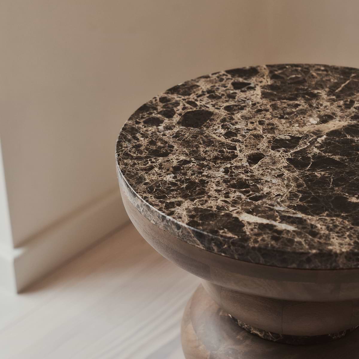 Belgravia - Dark Emperador Marble Round Warm Wood Premium Side Table