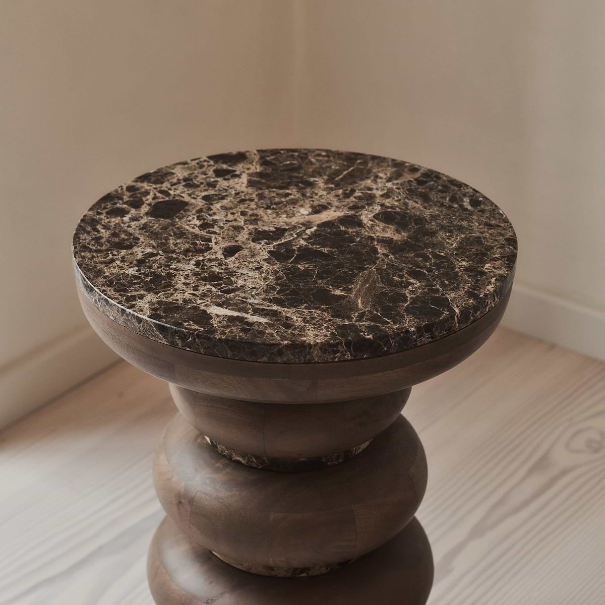 Belgravia - Dark Emperador Marble Round Warm Wood Premium Side Table