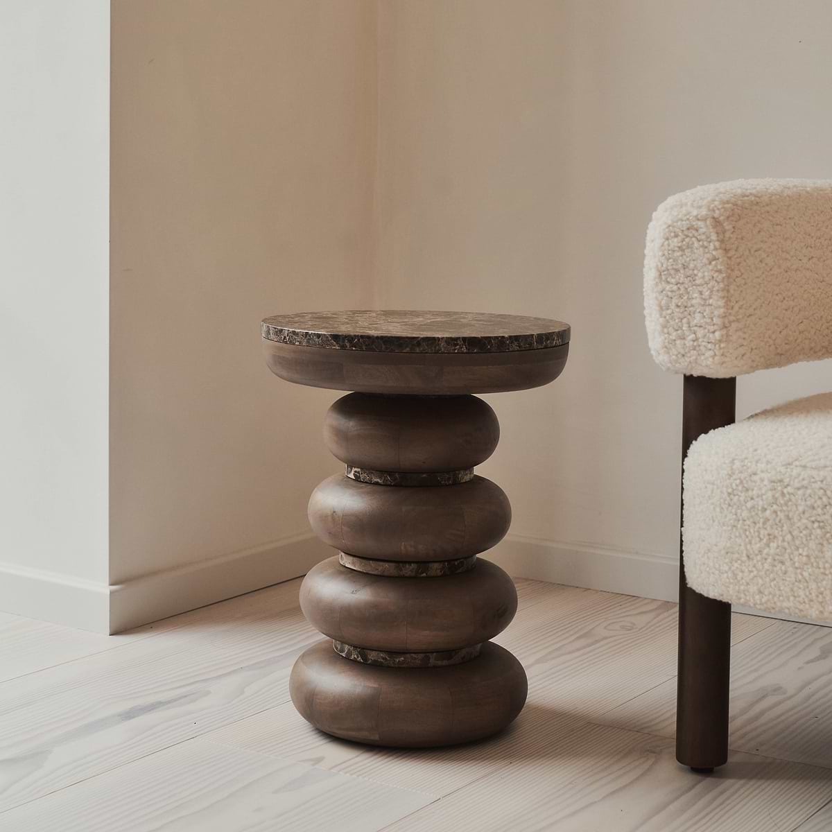 Belgravia - Dark Emperador Marble Round Warm Wood Premium Side Table