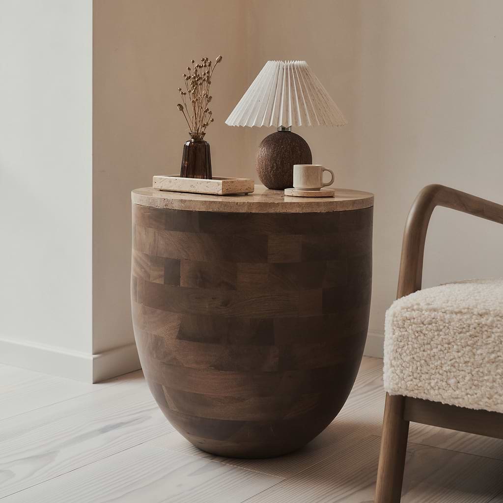 Lyra Travertine Round Warm Premium Side Table