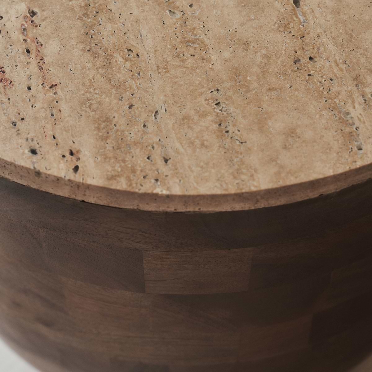 Lyra - Beige Travertine Round Warm Wood Premium Side Table
