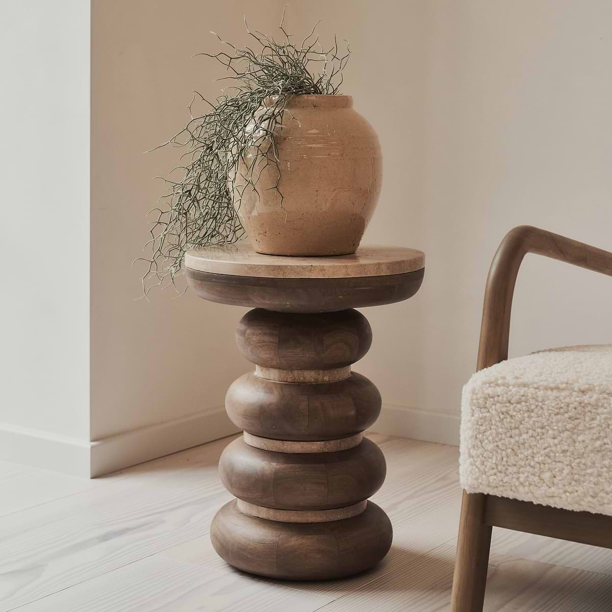 Belgravia - Beige Travertine Round Warm Wood Premium Side Table