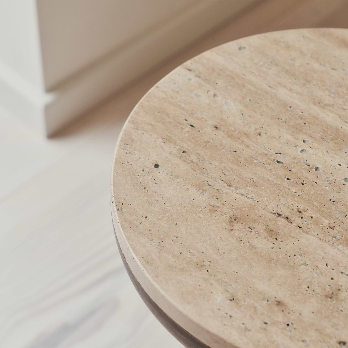 Belgravia - Beige Travertine Round Warm Wood Premium Side Table