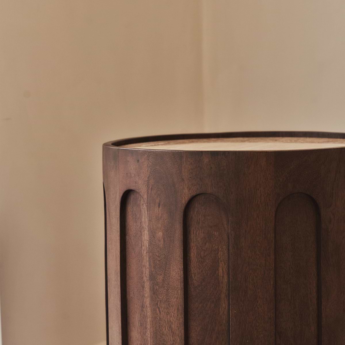 Valor - Beige Travertine Round Dark Wood Premium Side Table