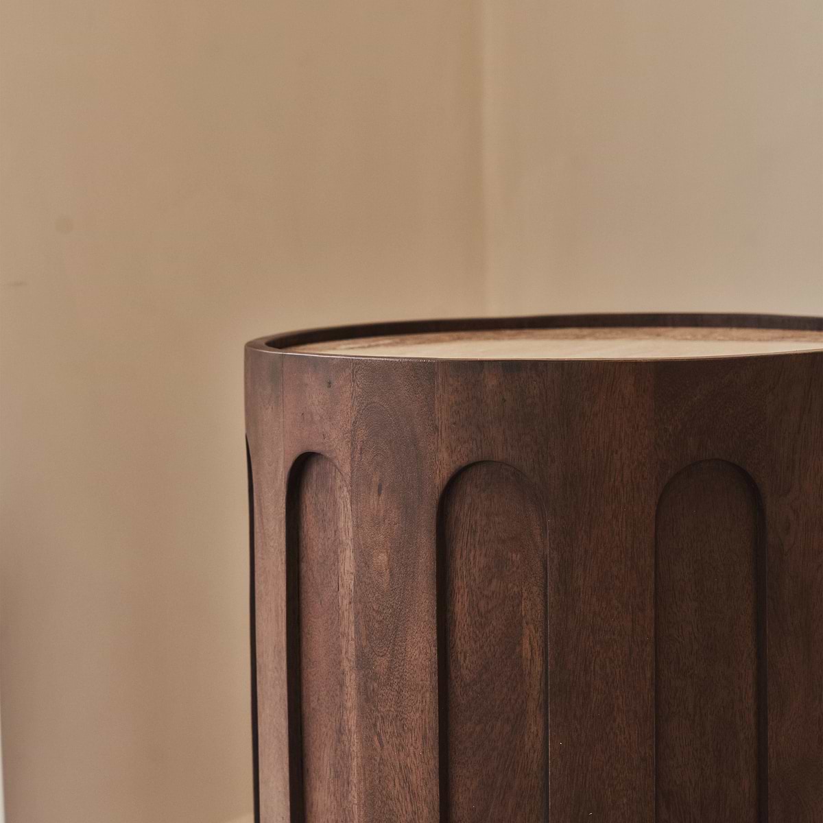 Valor - Beige Travertine Round Dark Wood Premium Side Table