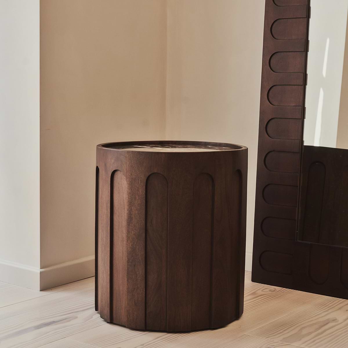Valor - Beige Travertine Round Dark Wood Premium Side Table