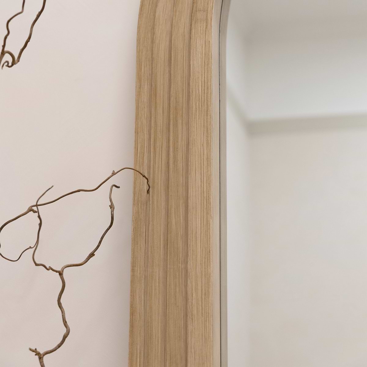 Full Length Arched Washed Wood Mirror detail shot of unique stepped design, alternate side