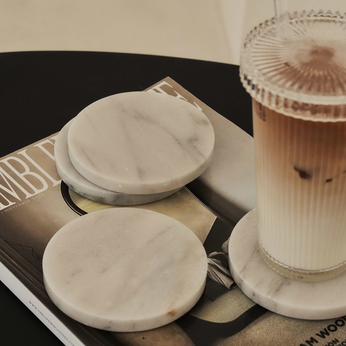 Marbelle - White Marble Coasters Set of 4 Round