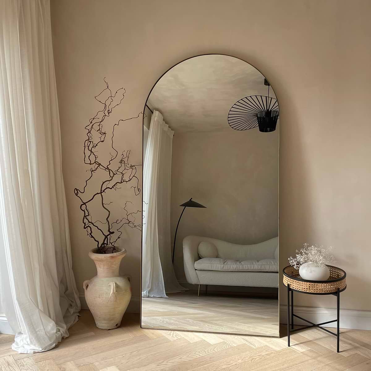 Full Length Gold Arched Large Metal Mirror as living room lean to