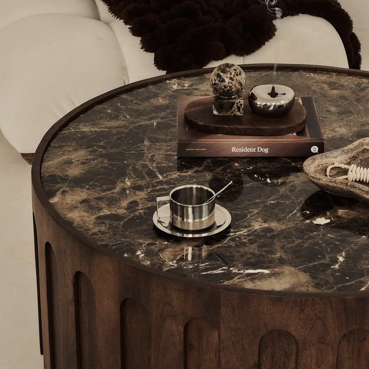 Valor - Dark Emperador Marble Round Dark Wood Premium Coffee Table
