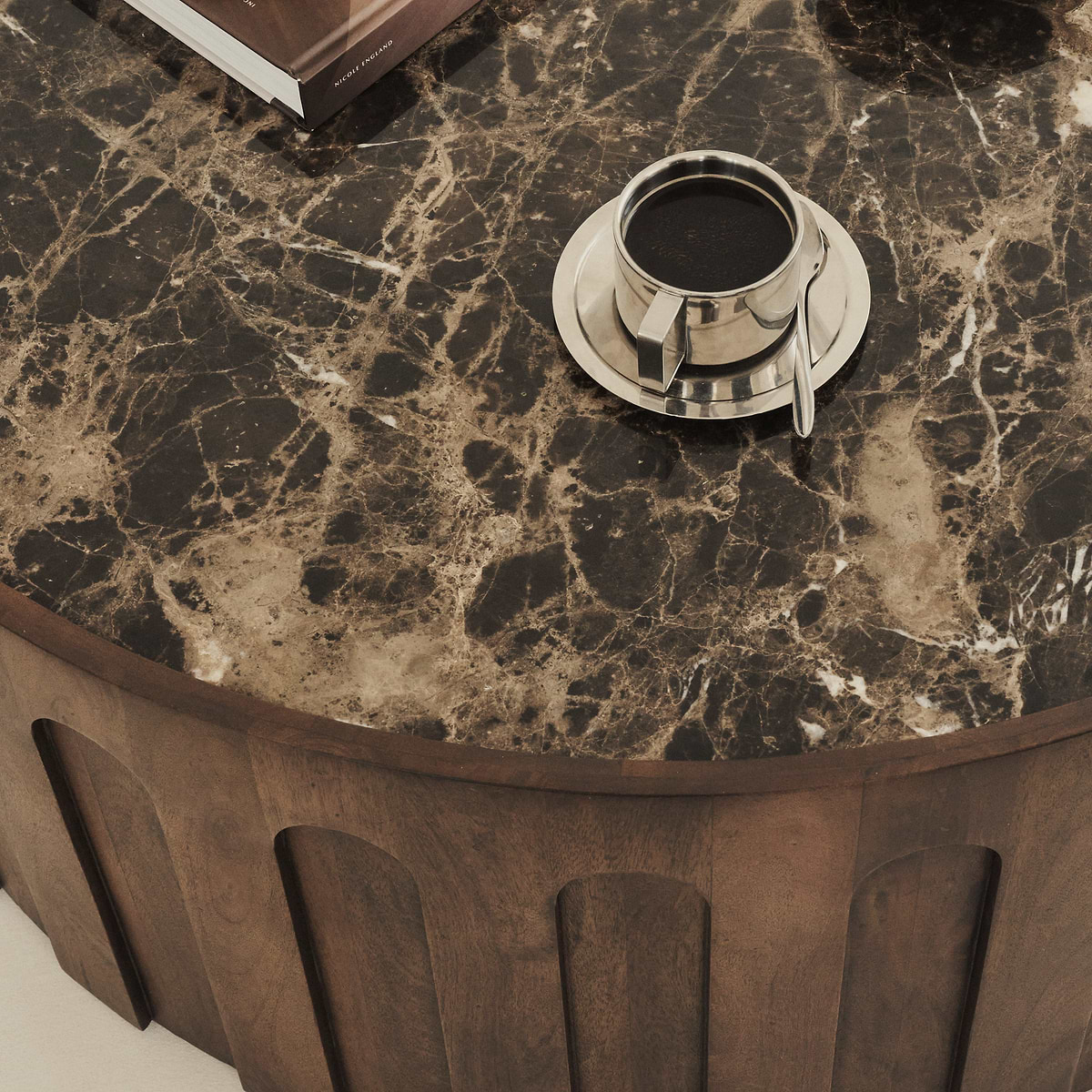 Valor - Dark Emperador Marble Round Dark Wood Premium Coffee Table