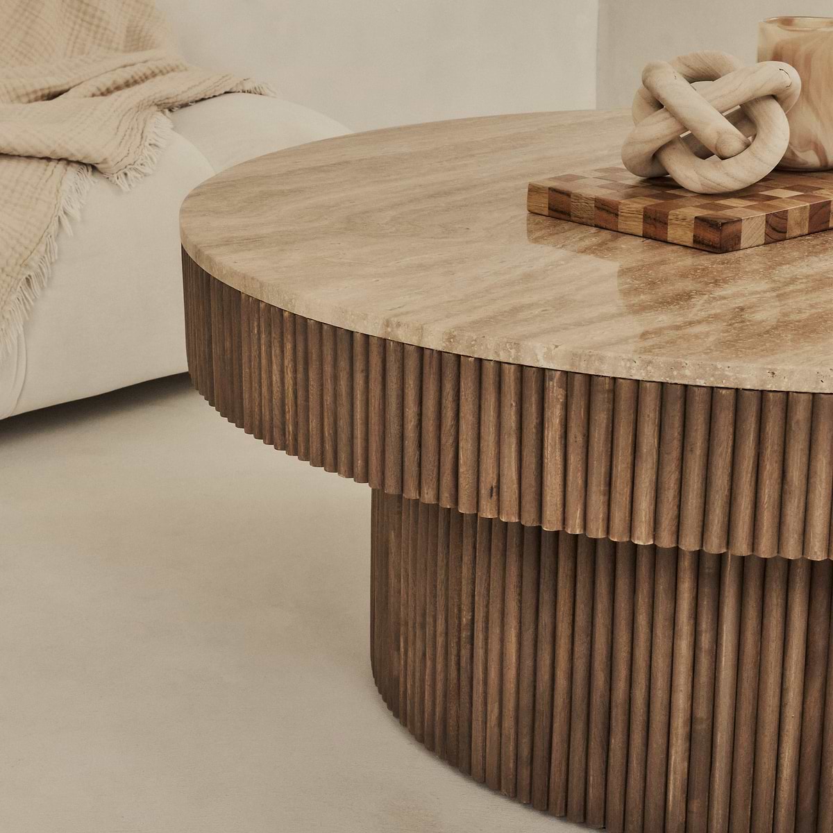 Sloane - Beige Travertine Round Warm Wood Premium Coffee Table