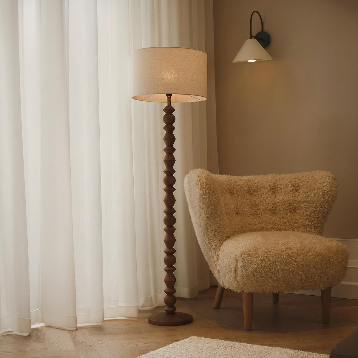 Ivy - Dark Wood Drum Shade Floor Lamp