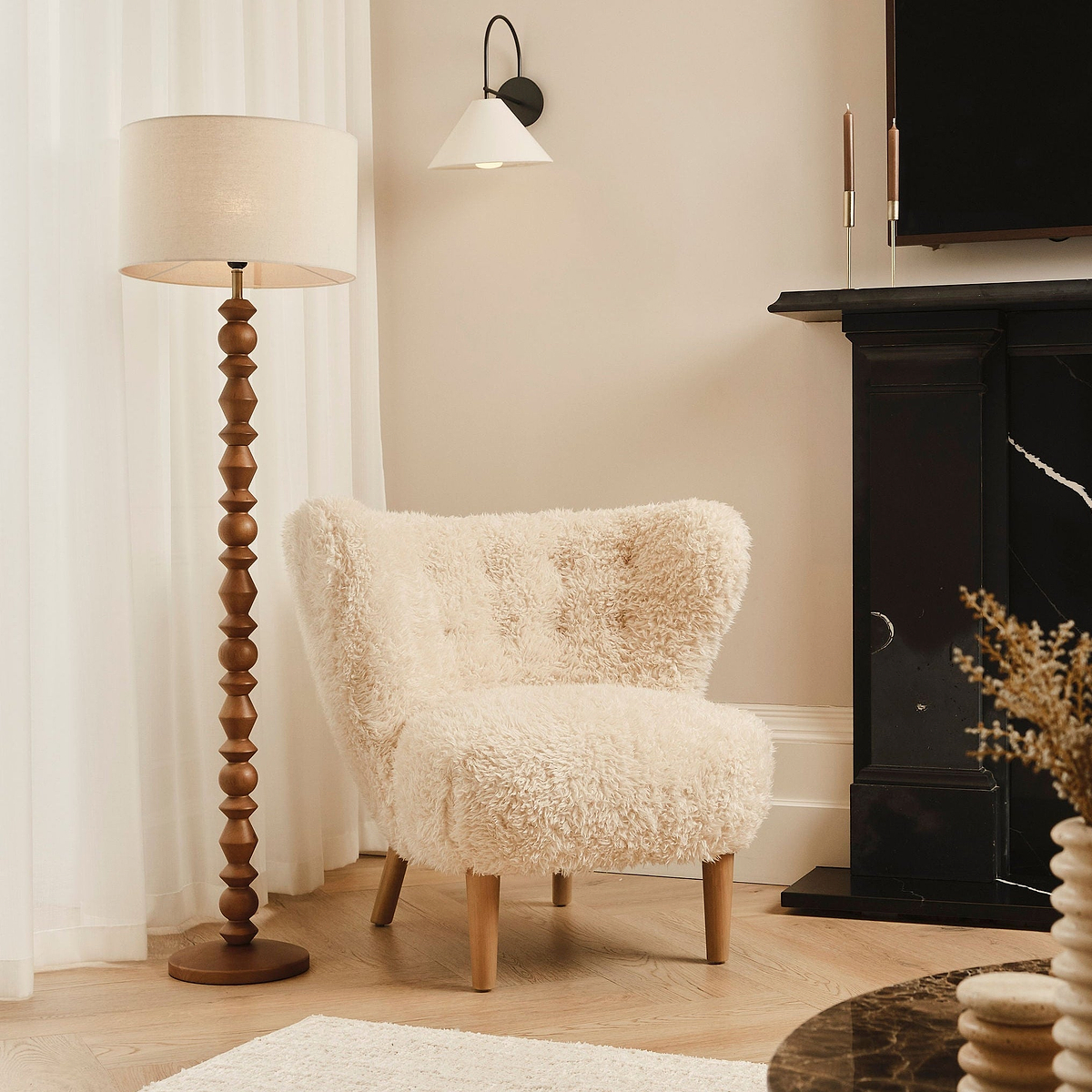 Ivy - Dark Wood Drum Shade Floor Lamp