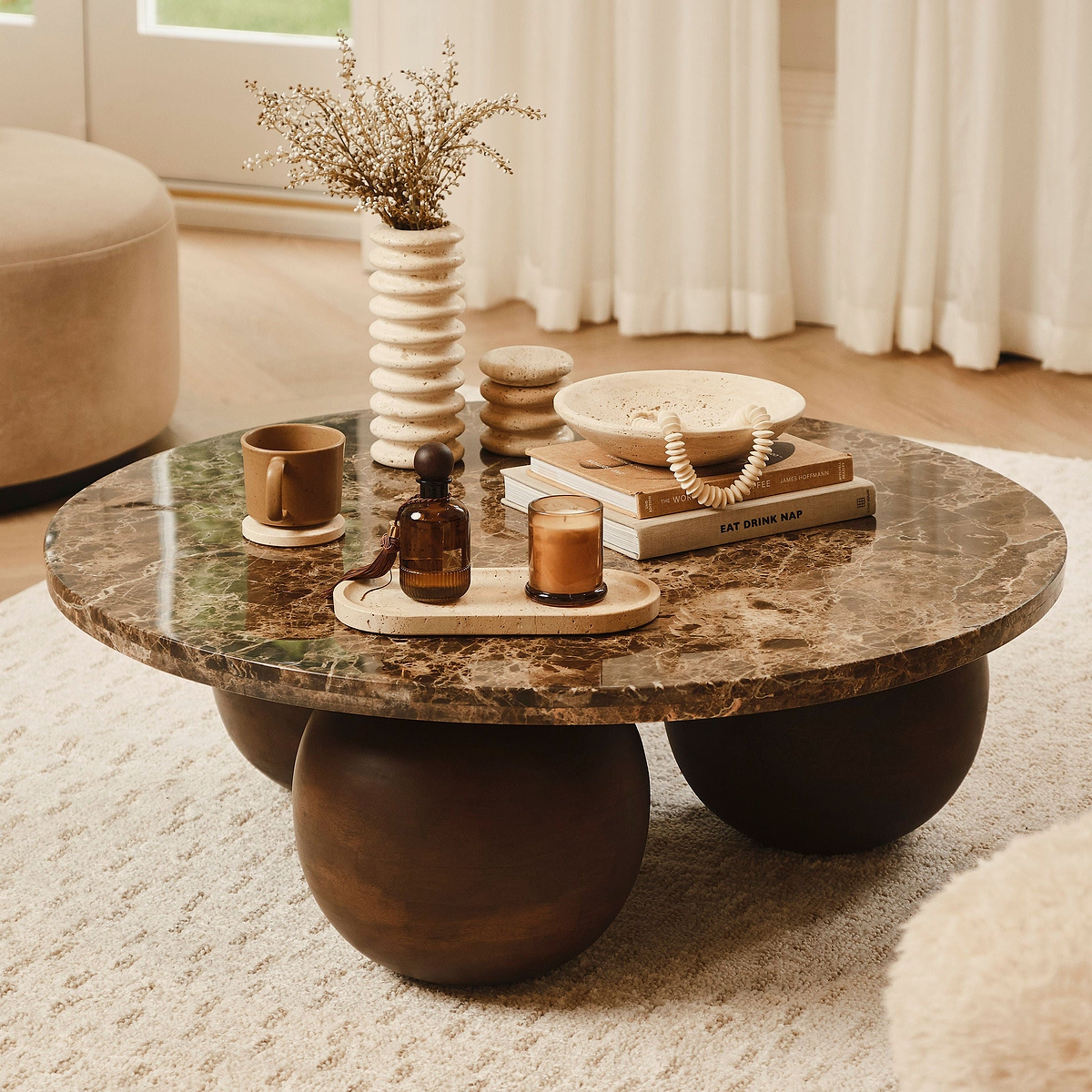 Melrose - Dark Emperador Marble Round Dark Wood Premium Coffee Table