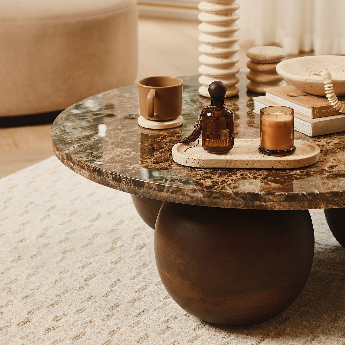 Melrose - Dark Emperador Marble Round Dark Wood Premium Coffee Table