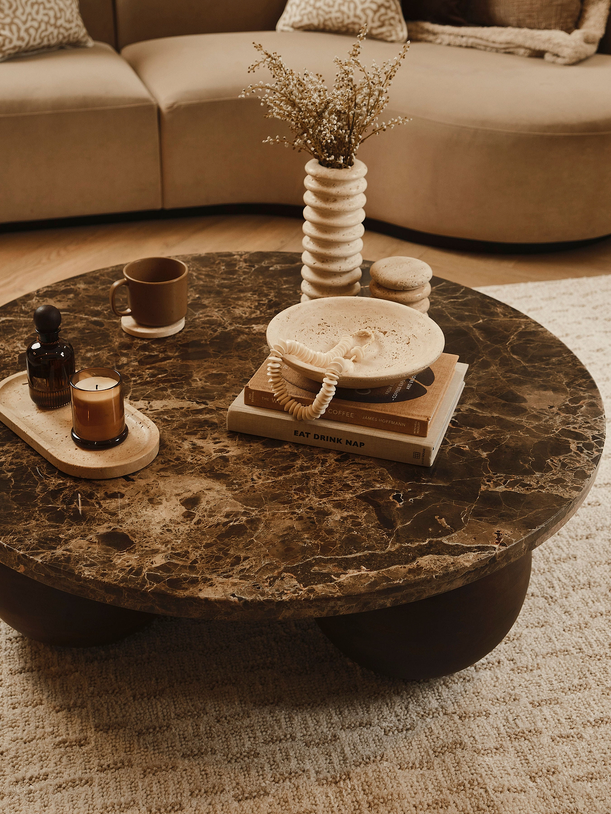 Melrose - Dark Emperador Marble Round Dark Wood Premium Coffee Table